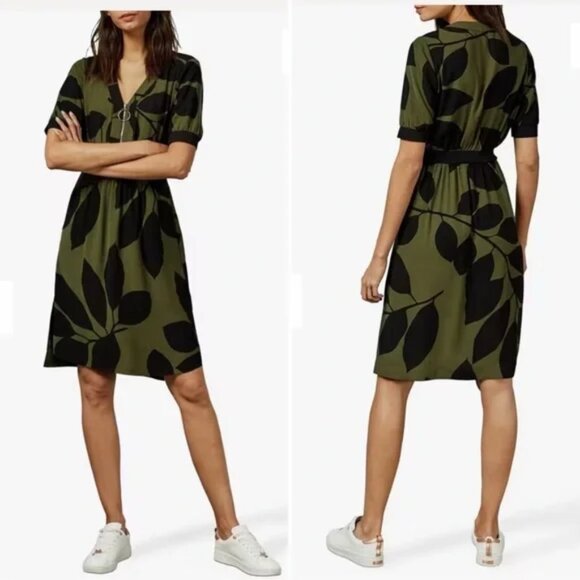 Ted Baker Telavee Maple Leaf Dress Size 0 US 0-2 Green Work Career Office - Picture 1 of 12